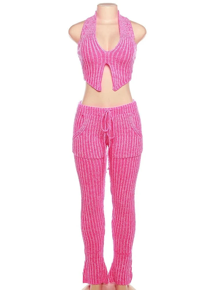 Priscilla Sleeveless Rib Knit Flare Pant Set