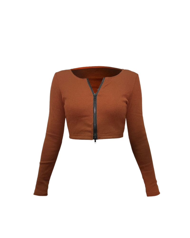 Double Zip Crop Sweater - Cocoa